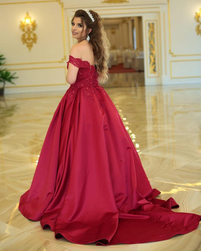 Red Lace Appliques Off Shoulder Satin Ball Gowns Wedding Dresses