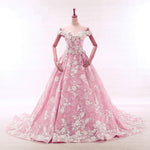 Afbeelding in Gallery-weergave laden, Vintage Lace Appliques Off Shoulder Pink Lace Wedding Dress Ball Gowns
