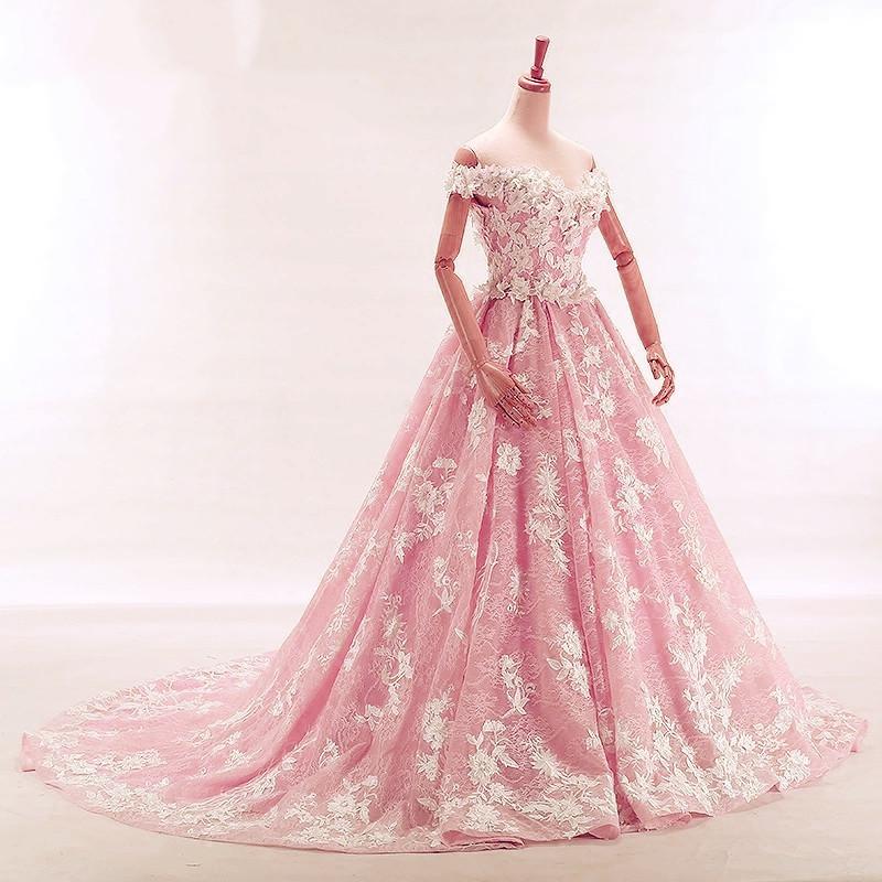 Vintage Lace Appliques Off Shoulder Pink Lace Wedding Dress Ball Gowns