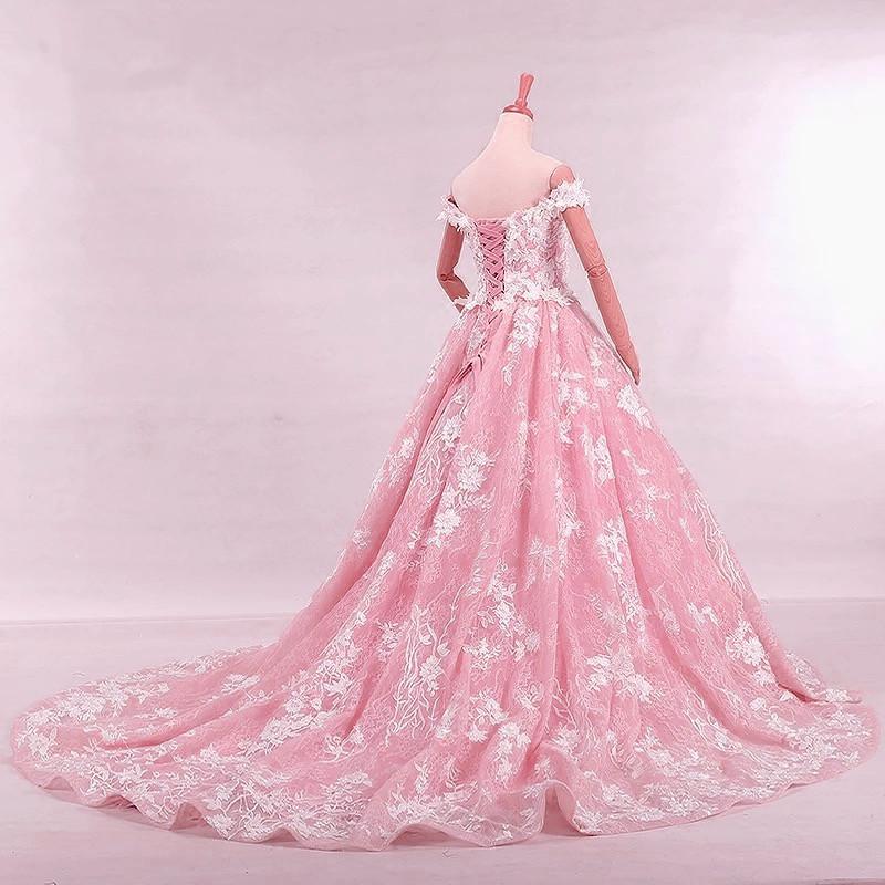 Vintage Lace Appliques Off Shoulder Pink Lace Wedding Dress Ball Gowns