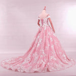 Cargar imagen en el visor de la galería, Vintage Lace Appliques Off Shoulder Pink Lace Wedding Dress Ball Gowns
