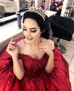 Load image into Gallery viewer, Gorgeous Lace Beaded V Neck Burgundy Ball Gowns Wedding Dresses Off Shoulder
