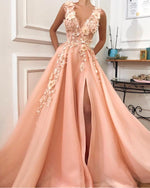 Load image into Gallery viewer, Elegant Lace Flowers V-neck Long Tulle Split Evening Gown Dresses
