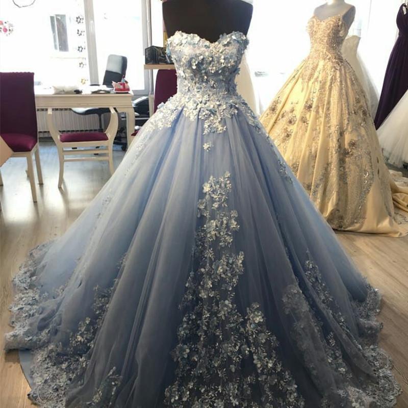 Light Blue Ball Gown Tulle Sweetheart Appliques Quinceanera Dresses