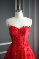 Cargar imagen en el visor de la galería, A Line Floral Lace Beaded Sweetheart Tulle Evening Gowns Long Prom Dress
