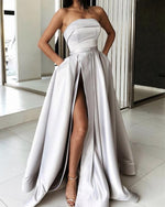 Load image into Gallery viewer, Long Satin Strapless Prom Dresses Split Evening Gowns
