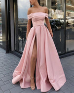 Load image into Gallery viewer, Off Shoulder Evening Gowns Satin Leg Split Prom Long Dresses
