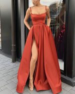 Load image into Gallery viewer, Long Satin Leg Slit Evening Dresses Spaghetti Straps Prom Gowns
