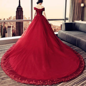 Elegant Lace Off Shoulder Royal Train Maroon Wedding Dresses 2018
