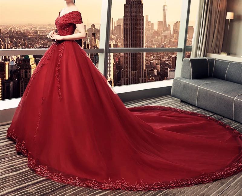 Elegant Lace Off Shoulder Royal Train Maroon Wedding Dresses 2018