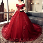 Load image into Gallery viewer, Elegant Lace Off Shoulder Royal Train Maroon Wedding Dresses 2018
