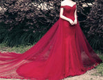 Cargar imagen en el visor de la galería, Beading V Neck Off Shoulder Lace Mermaid Evening Dresses Removable Skirt

