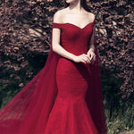 Cargar imagen en el visor de la galería, Beading V Neck Off Shoulder Lace Mermaid Evening Dresses Removable Skirt
