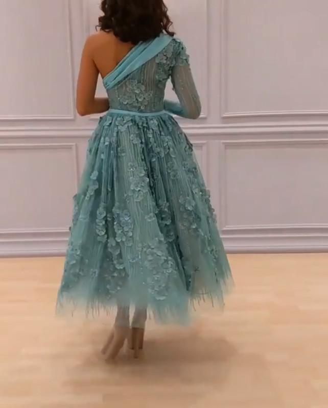Elegant One Shoulder Mint Tulle Lace Appliques Ball Gowns Party Dress