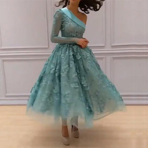 Elegant One Shoulder Mint Tulle Lace Appliques Ball Gowns Party Dress