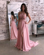 Load image into Gallery viewer, Lace Halter Long Chiffon Prom Dresses Leg Split
