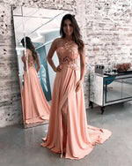 Load image into Gallery viewer, Lace Halter Long Chiffon Prom Dresses Leg Split
