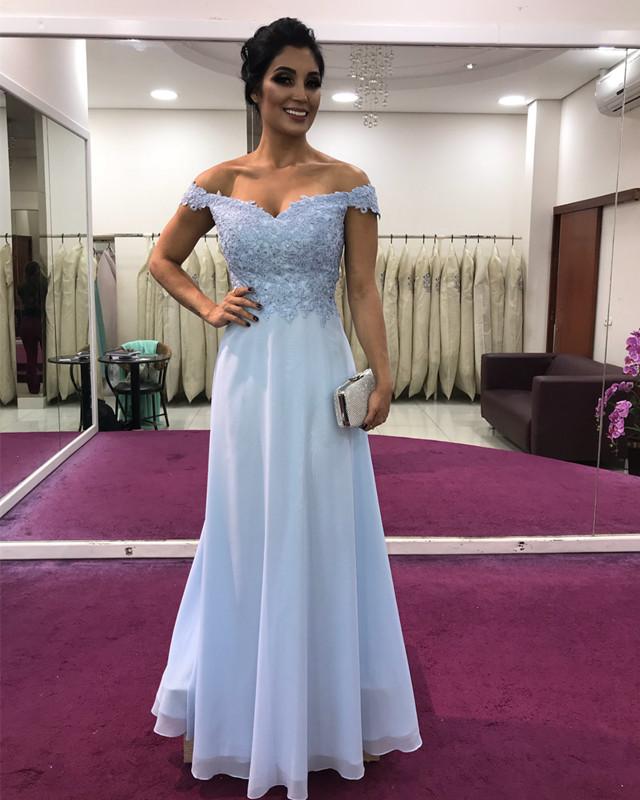 A-line Off Shoulder Chiffon Prom Dresses Lace Appliques
