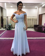 Load image into Gallery viewer, A-line Off Shoulder Chiffon Prom Dresses Lace Appliques
