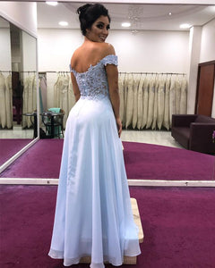 A-line Off Shoulder Chiffon Prom Dresses Lace Appliques