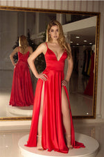 Load image into Gallery viewer, Long Satin V-neck Prom Dresses Double Split Party Gowns
