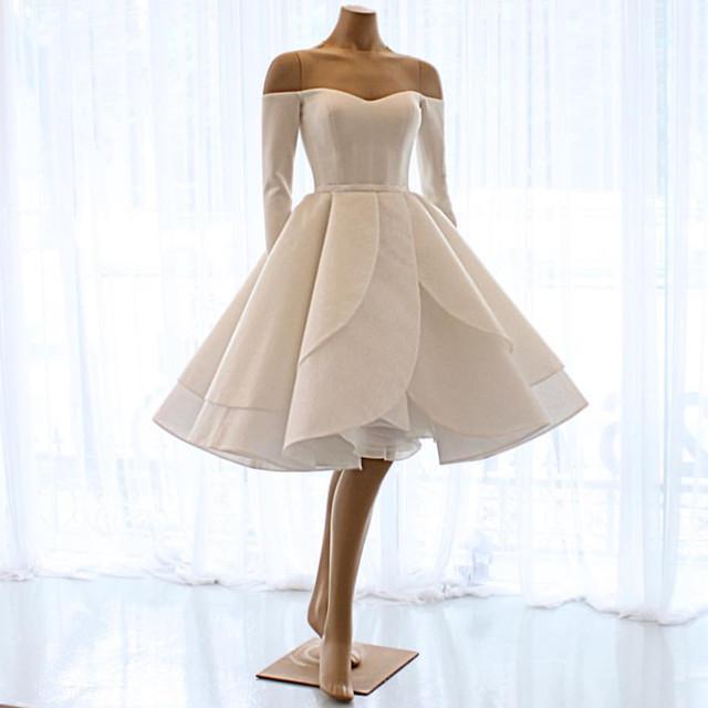 Short Satin Long Sleeves Off Shoulder Ruffles Skirt Wedding Dresses 2018