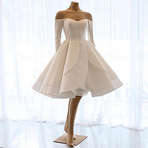 Short Satin Long Sleeves Off Shoulder Ruffles Skirt Wedding Dresses 2018