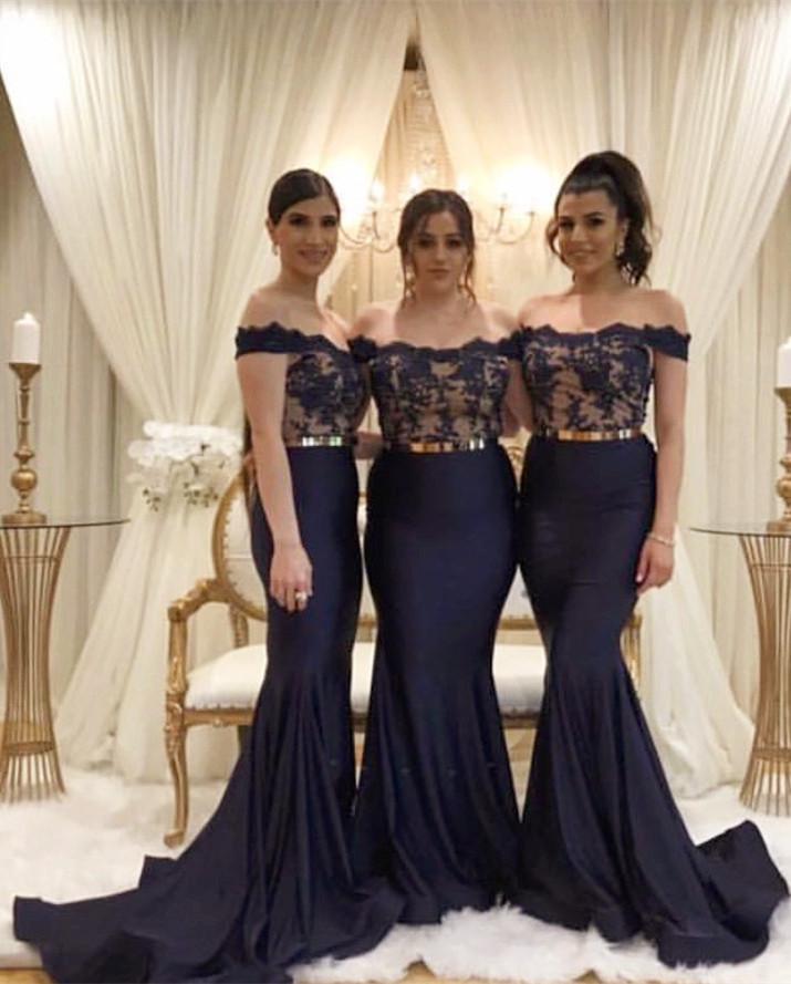 Lace Appliques Mermaid Bridesmaid Dresses With Gold Belt