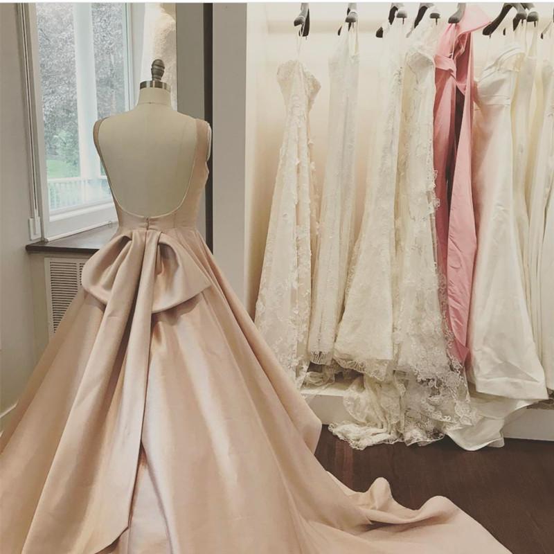 Unique Bow Back Satin Princess Wedding Dresses Pink