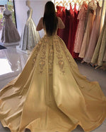 Cargar imagen en el visor de la galería, Gold-Satin-Ball-Gowns-Prom-Dresses-2019-Luxurious-Evening-Gowns
