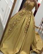 Load image into Gallery viewer, Gold Satin Ball Gowns Quinceanera Dresses With Lace Flowers Beaded

