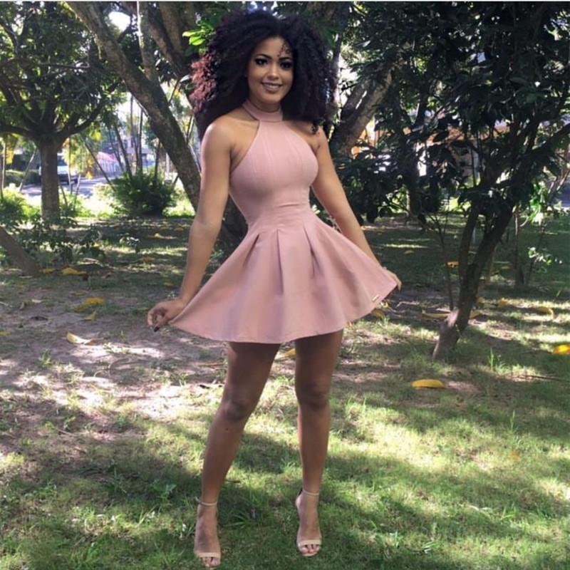 Short Halter Satin Homecoming Dresses Sleeveless Prom Gowns