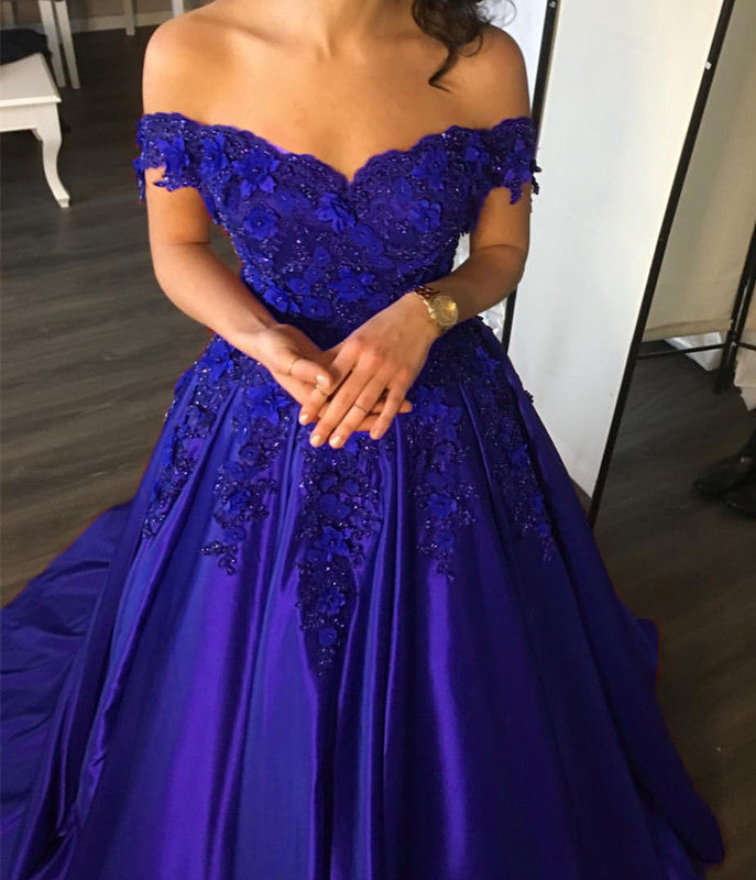 Elegant Satin Ball Gow Prom Dresses Lace Off The Shoulder