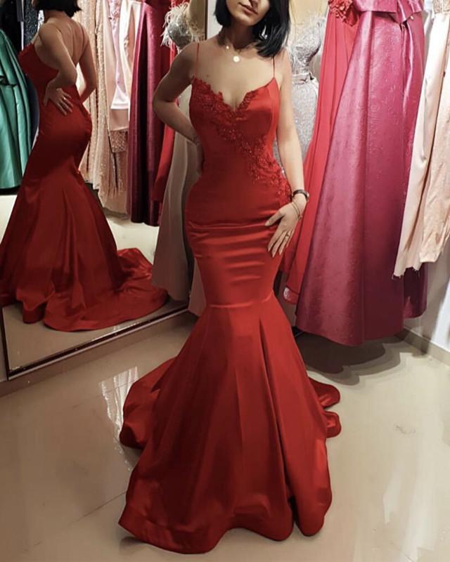 Spaghetti Straps V-neck Satin Mermaid Prom Dress Lace Appliques