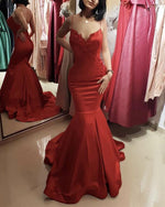 Load image into Gallery viewer, Spaghetti Straps V-neck Satin Mermaid Prom Dress Lace Appliques
