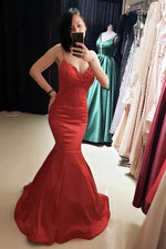 Load image into Gallery viewer, Spaghetti Straps V-neck Satin Mermaid Prom Dress Lace Appliques
