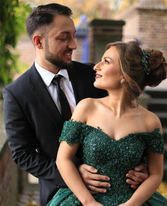 Green Wedding Dresses Ball Gowns Lace Beaded Off Shoulder