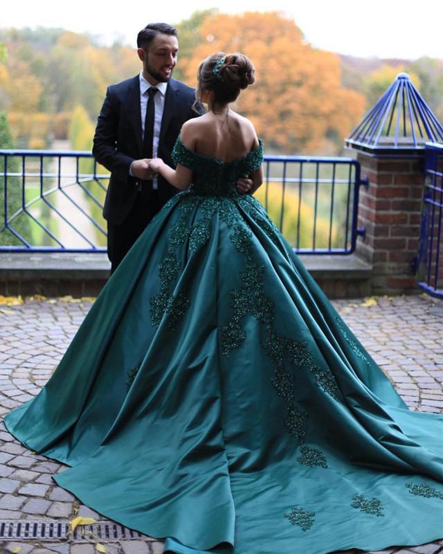 Green Wedding Dresses Ball Gowns Lace Beaded Off Shoulder