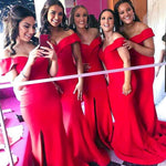 Load image into Gallery viewer, Elegant Off Shoulder Satin Mermaid Bridesmaid Dresses Leg Split
