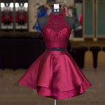 Cargar imagen en el visor de la galería, Halter Lace Crop Top Satin Homecoming Dresses Short Prom Dress Two Piece
