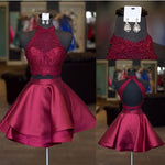 Cargar imagen en el visor de la galería, Halter Lace Crop Top Satin Homecoming Dresses Short Prom Dress Two Piece
