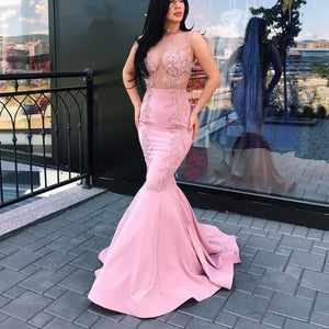 Chic Lace Appliques Nude Tulle Satin Mermaid Evening Dresses