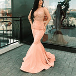 Load image into Gallery viewer, Chic Lace Appliques Nude Tulle Satin Mermaid Evening Dresses
