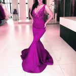 Afbeelding in Gallery-weergave laden, Deep V Neck Long Satin Mermaid Prom Dresses Lace Appliques

