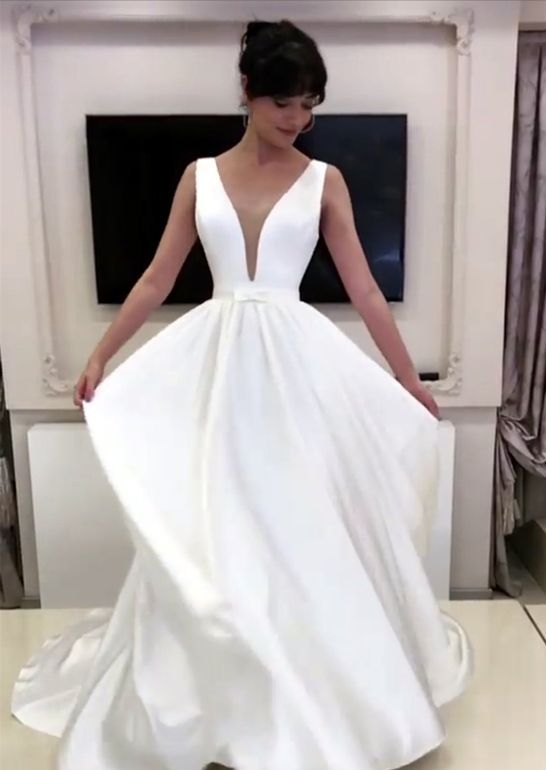 A-line Plunge Neck Floor Length Satin Wedding Dresses