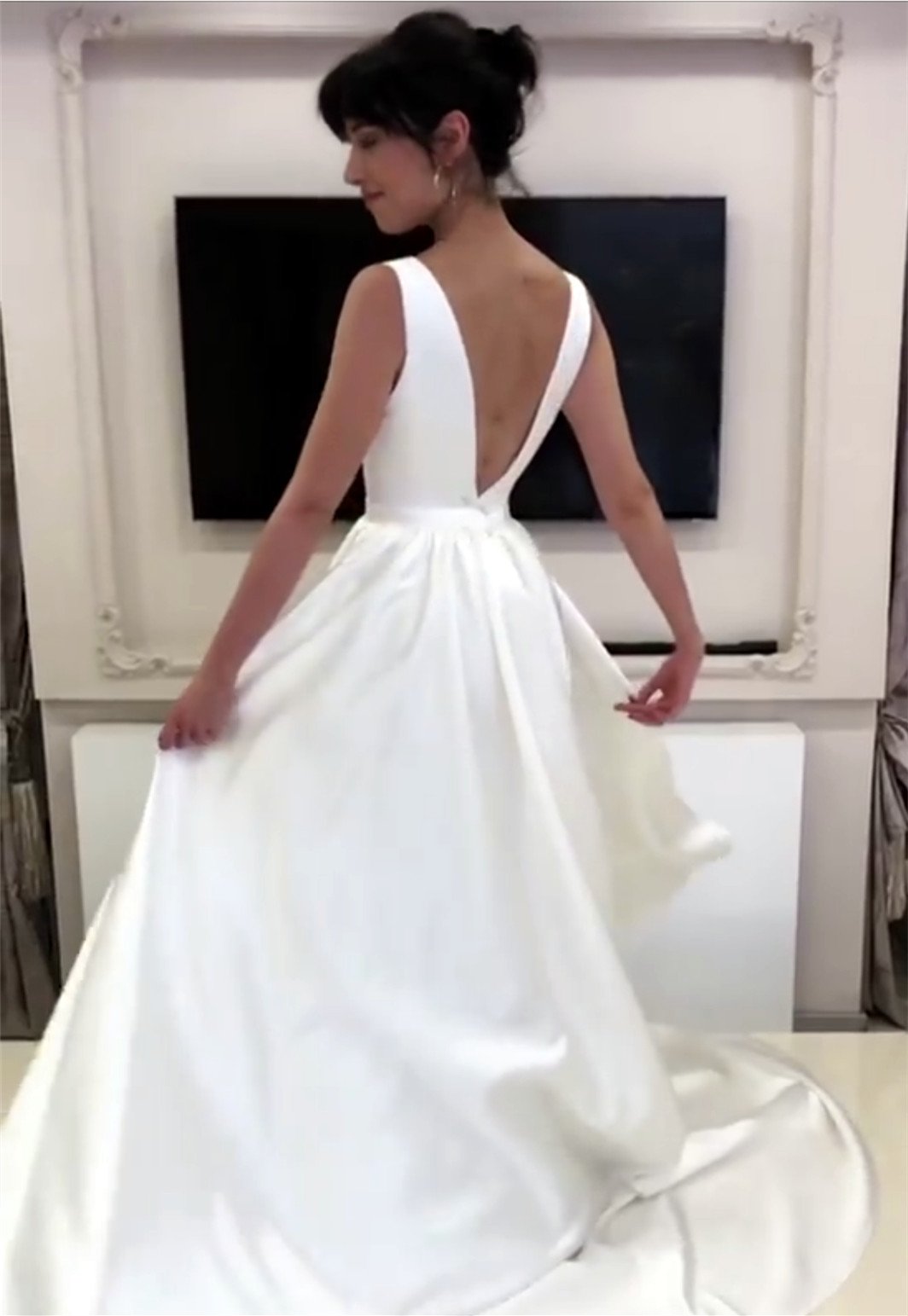 A-line Plunge Neck Floor Length Satin Wedding Dresses