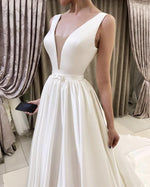 Load image into Gallery viewer, A-line Plunge Neck Floor Length Satin Wedding Dresses
