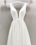Load image into Gallery viewer, A-line Plunge Neck Floor Length Satin Wedding Dresses
