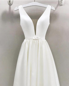 A-line Plunge Neck Floor Length Satin Wedding Dresses