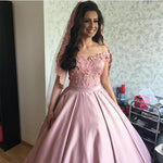 Load image into Gallery viewer, Light Pink Satin Off Shoulder Ball Gown Wedding Dresses Lace Appliques
